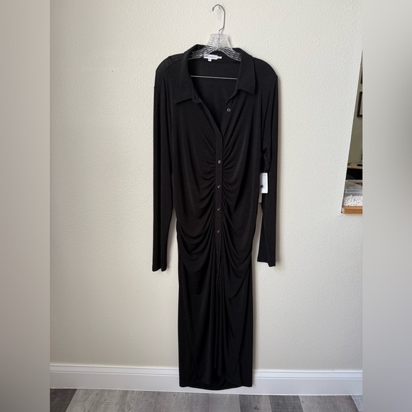NWT Good American Shimmer Polo Long Sleeve Maxi Dress in Black001 Size 5 - Picture 7 of 8
